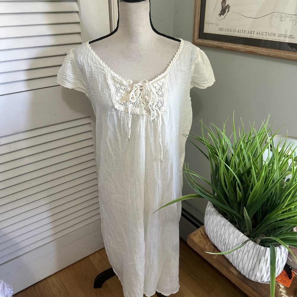 Second Nature Kayanna Nightgown Womens XL Cream Crinkle Cotton Midi Cottage Boho